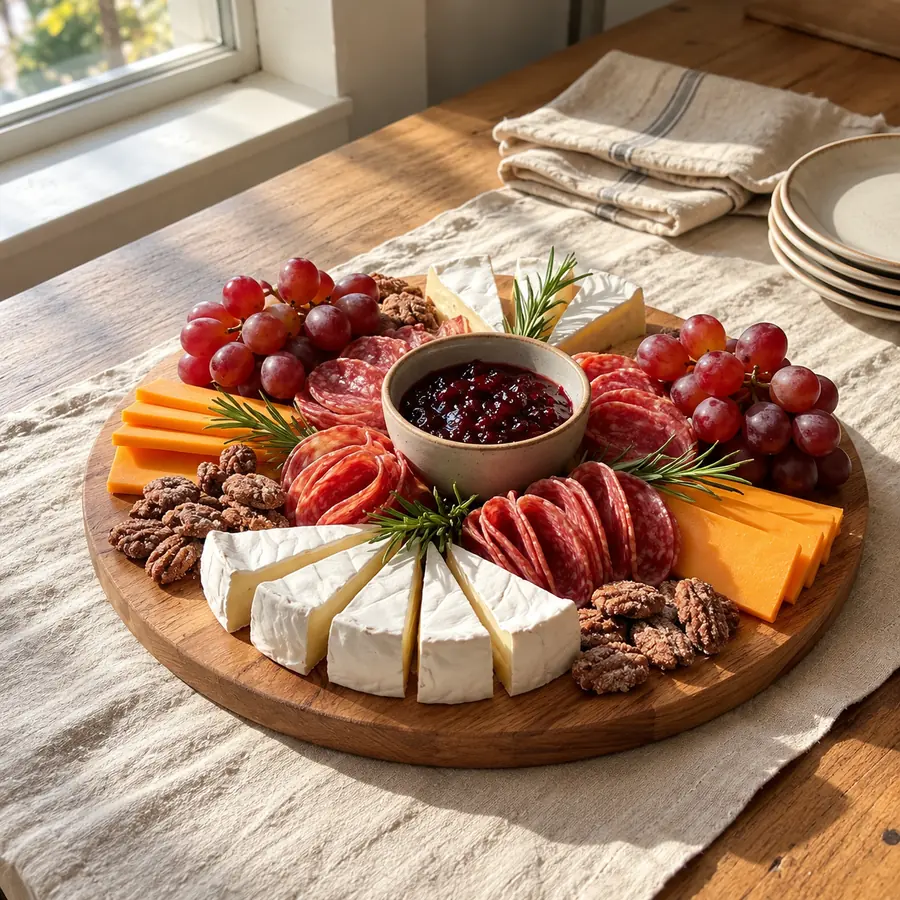 Una tabla redonda con quesos, salami, uvas y mermelada junto a la ventana