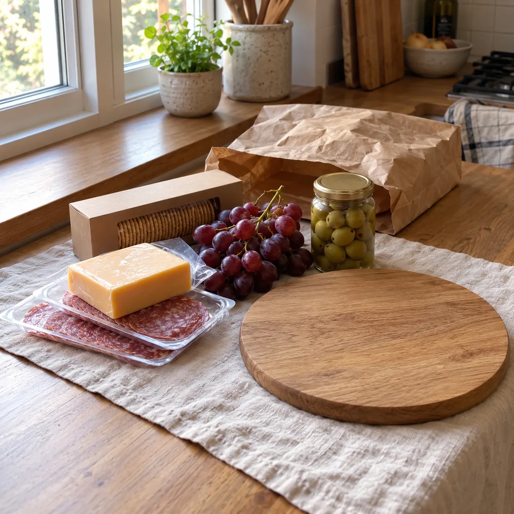 Queso, salami, uvas y aceitunas del súper sobre la mesa de la cocina